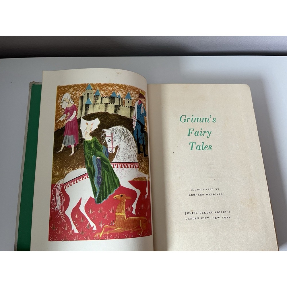 Vintage Hardcover Book Home Decor Prop Set Staging Green Grimm's Fairy Tales USA - Picture 6 of 9